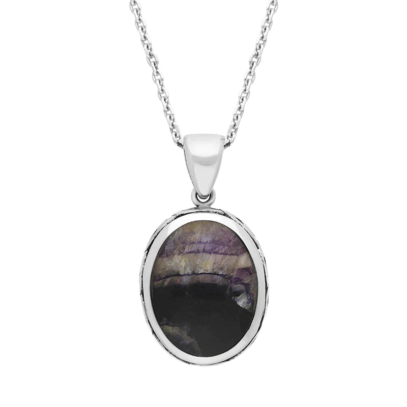Sterling Silver Blue John Whitby Jet Celtic Double Sided Oval Fob Necklace - Silver