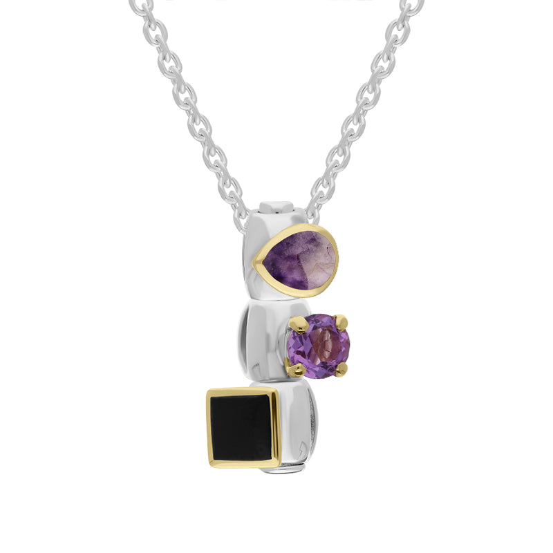 Sterling Silver Blue John Amethyst Whitby Jet Stepping Stones Three Charm Necklace - Silver