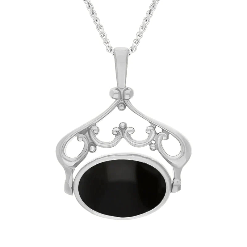 Sterling Silver Blue John Whitby Jet Double Sided Oval Swivel Fob Necklace - Sterling Silver
