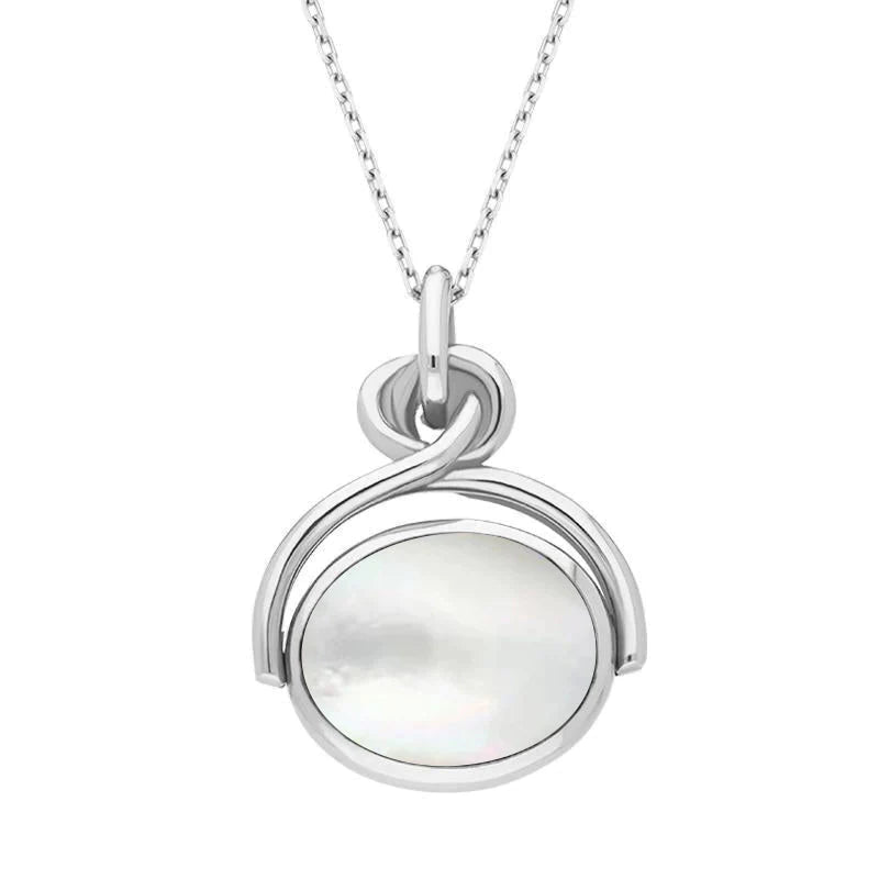 Sterling Silver Blue John White Mother of Pearl Oval Swivel Fob Necklace - Silver