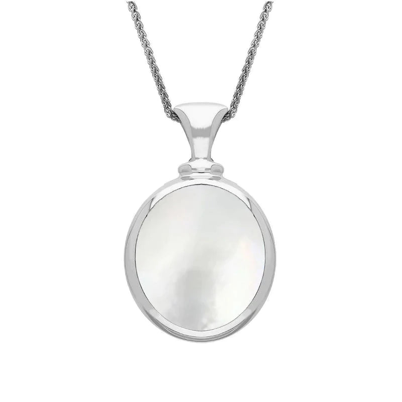 Sterling Silver Blue John White Mother Of Pearl Small Double Sided Oval Fob Necklace - Silver