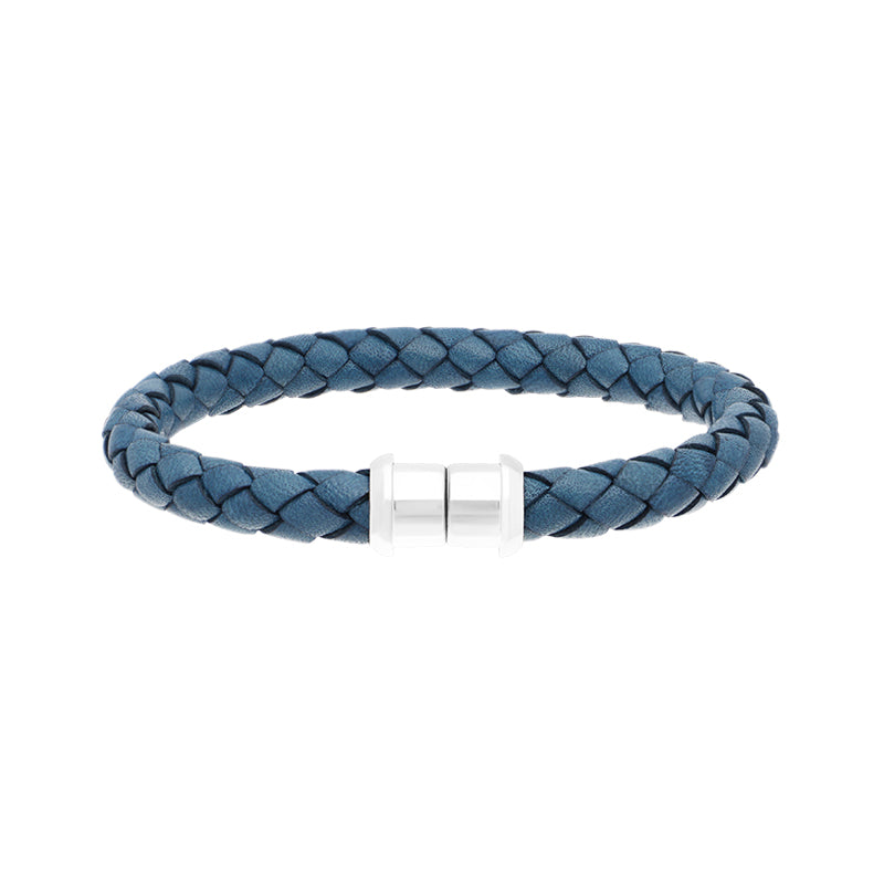 Sterling Silver Blue Leather Magnetic Bracelet - Silver