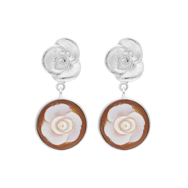 Sterling Silver Cameo Round Rose Drop Earrings D