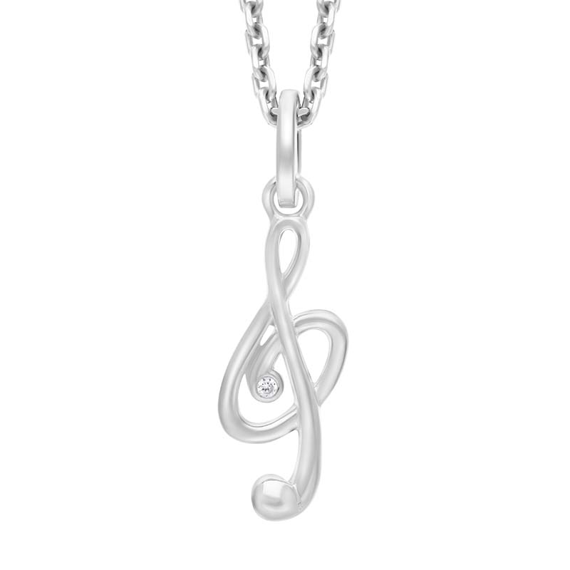 Sterling Silver Cubic Zirconia Treble Clef Necklace D - Silver