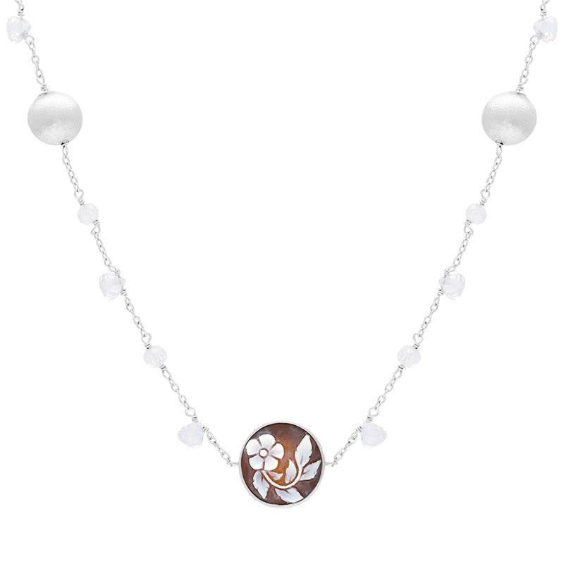 Sterling Silver Cubic Zirconia Cameo Round Flower Necklace D
