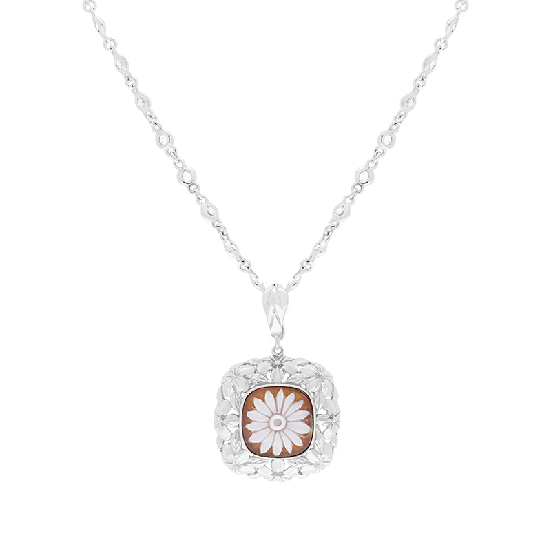 Sterling Silver Cubic Zirconia Cameo Square Flower Necklace D
