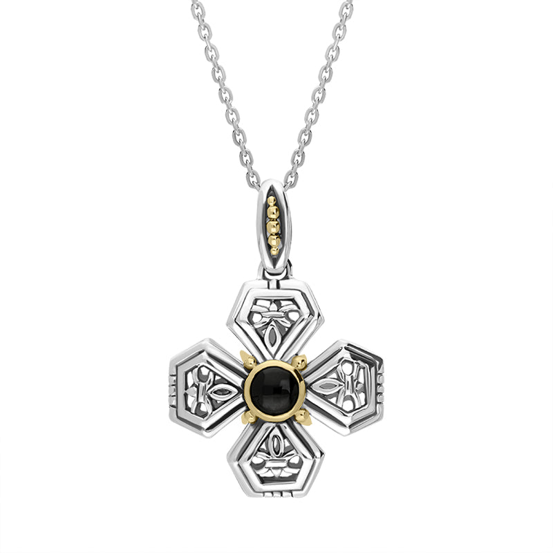 Sterling Silver Whitby Jet Flower Cross Necklace D - Silver