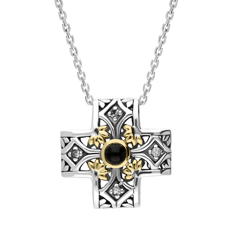 Sterling Silver Whitby Jet Ornate Flower Cross Necklace D - Silver