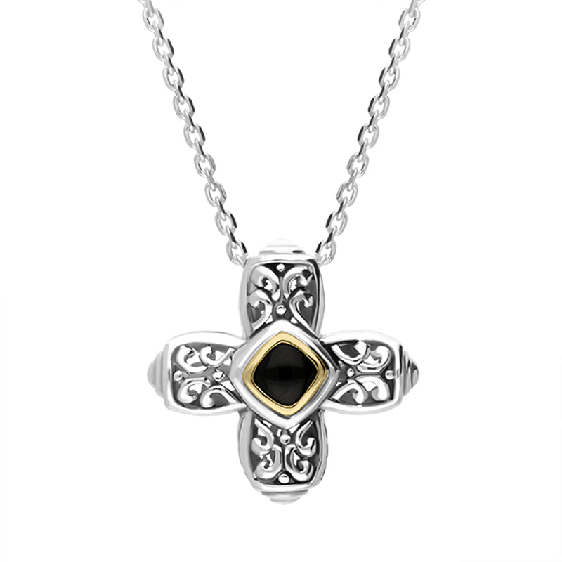 Sterling Silver Whitby Jet Ornate Cross Necklace D - Silver
