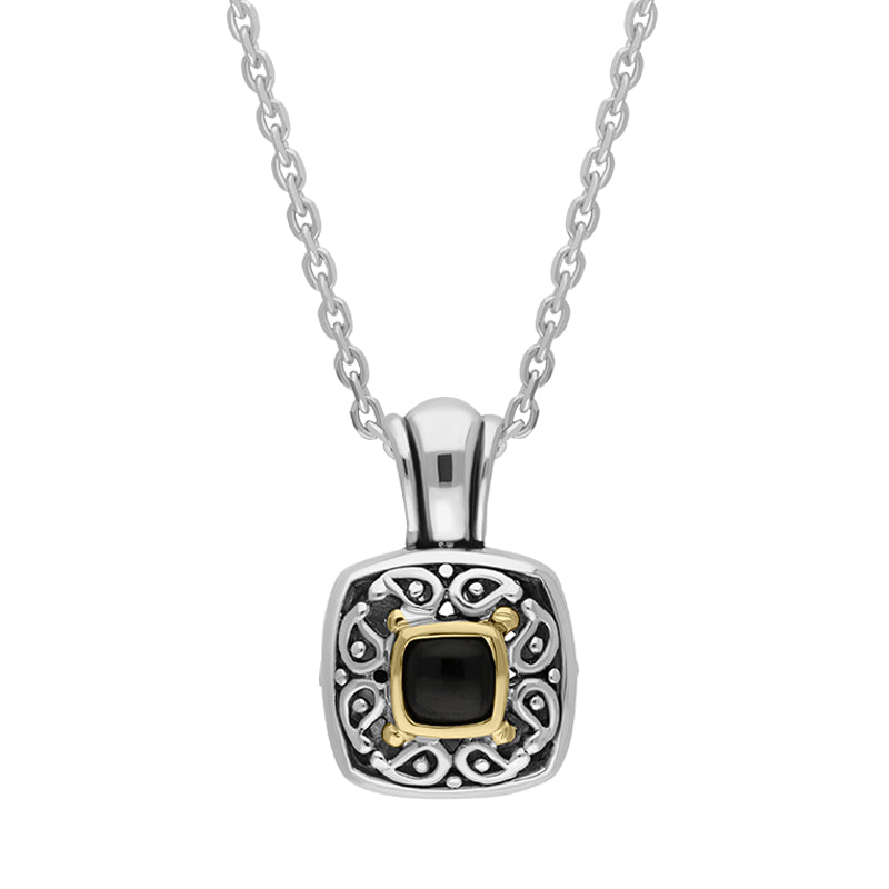 Sterling Silver Whitby Jet Ornate Square Necklace D - Silver