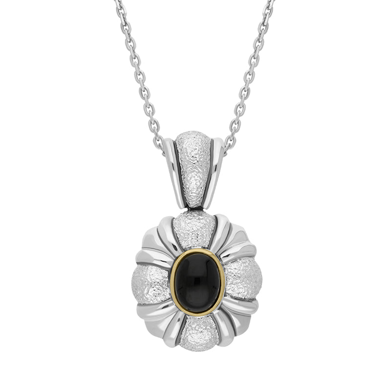 Sterling Silver Whitby Jet Satin Oval Banded Necklace D - Silver