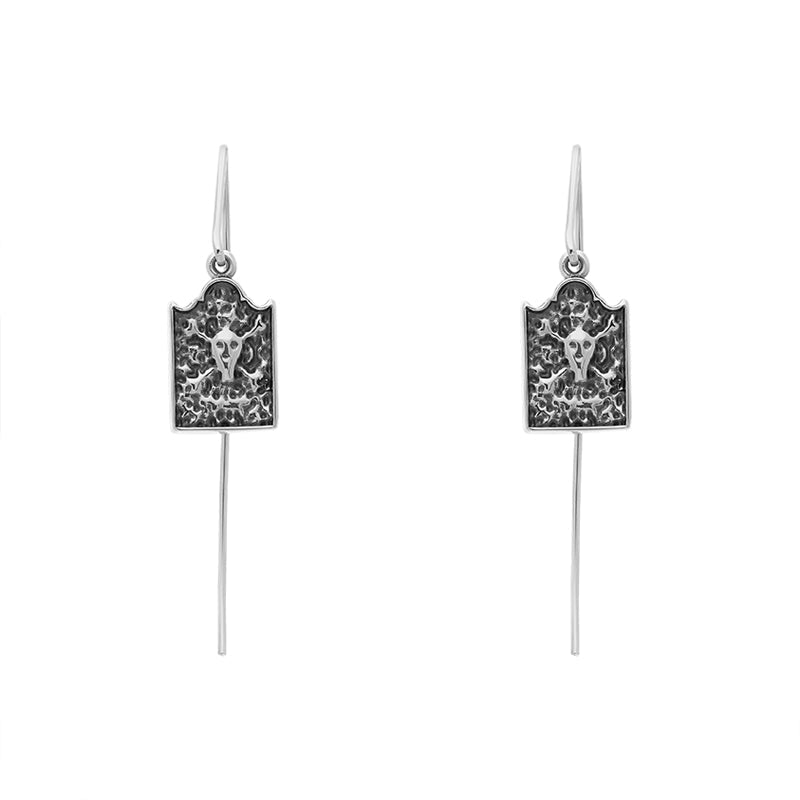 Sterling Silver Whitby Jet Gravestone Skull and Crossbones Hook Earrings - Silver