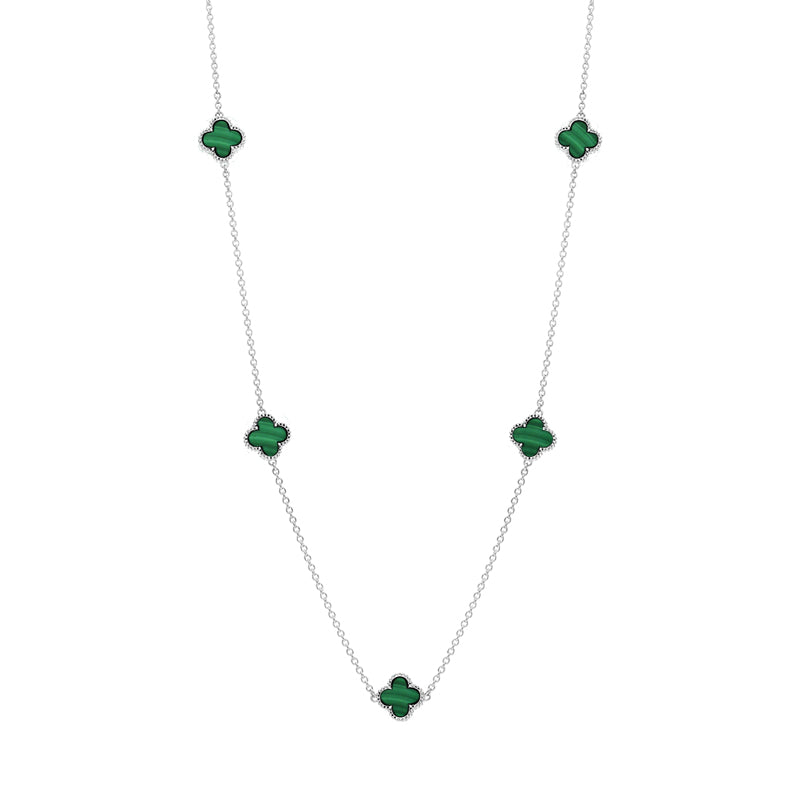 Sterling Silver Malachite Bloom Four Leaf Clover Ball Edge Necklace