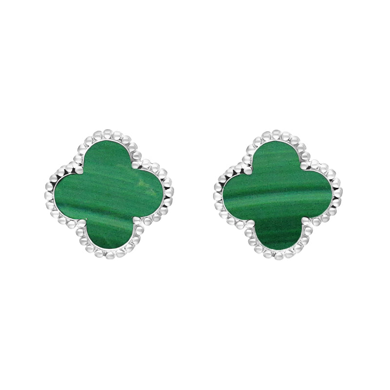 Sterling Silver Malachite Bloom Four Leaf Clover Ball Edge Stud Earrings
