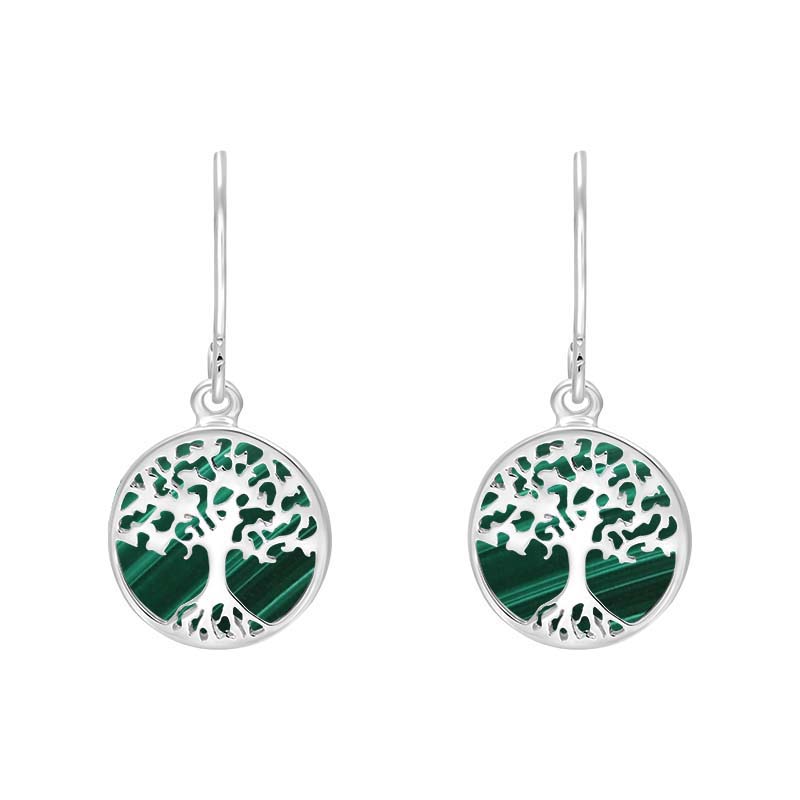 Sterling Silver Malachite Round Tree of Life Drop Earrings