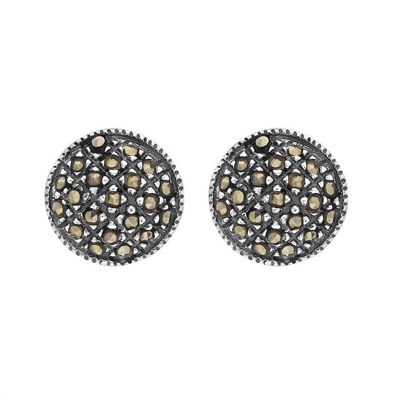 Sterling Silver Marcasite Round Pave Earrings - Silver