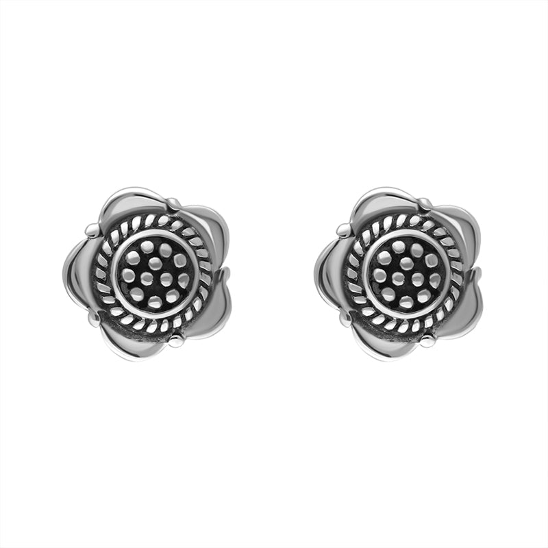 Sterling Silver Oxidised Flower Stud Earrings - Silver