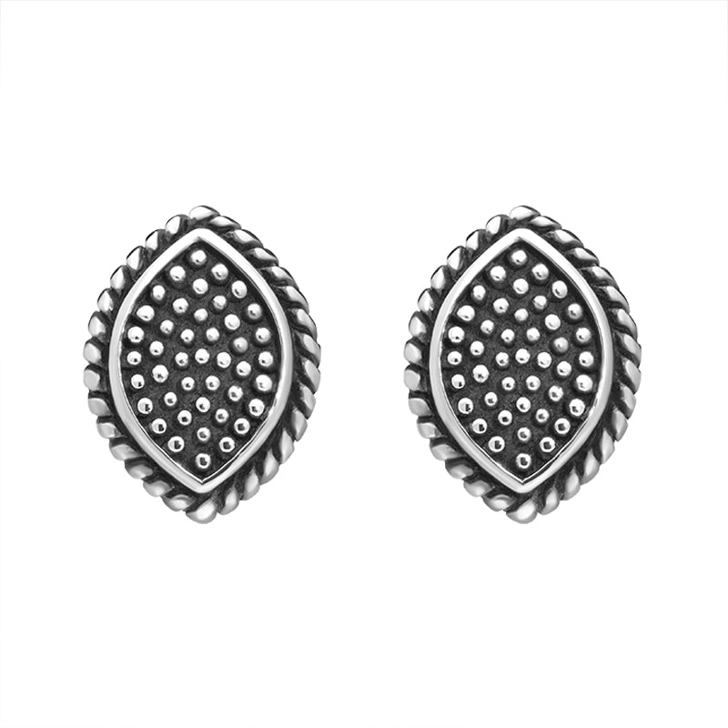 Sterling Silver Oxidised Marquise Stud Earrings - Silver