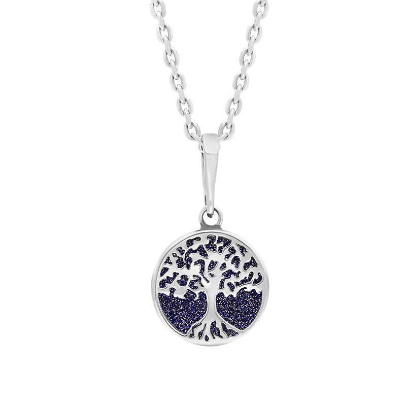Sterling Silver Small Blue Goldstone Round Tree of Life Necklace - Silver