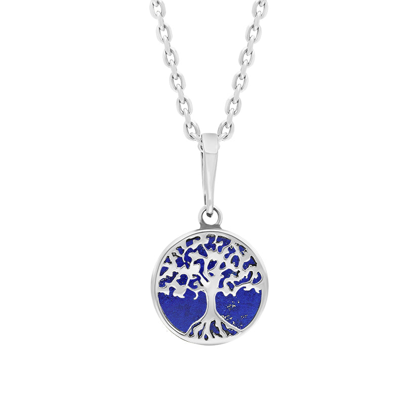 Sterling Silver Small Lapis Lazuli Round Tree of Life Necklace - Silver