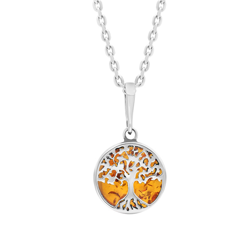 Sterling Silver Small Amber Round Tree of Life Necklace - Silver