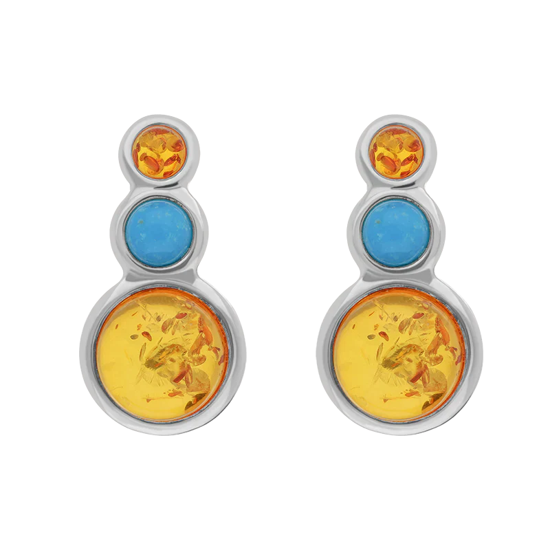 Sterling Silver Three Stone Round Graduated Amber Turquoise Stud Earrings - Silver