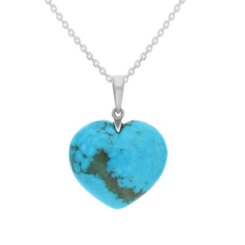 Sterling Silver Turquoise Large Carved Heart Necklace - Silver