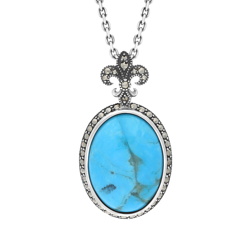 Sterling Silver Turquoise Marcasite Fleur De Lis Topped Oval Necklace