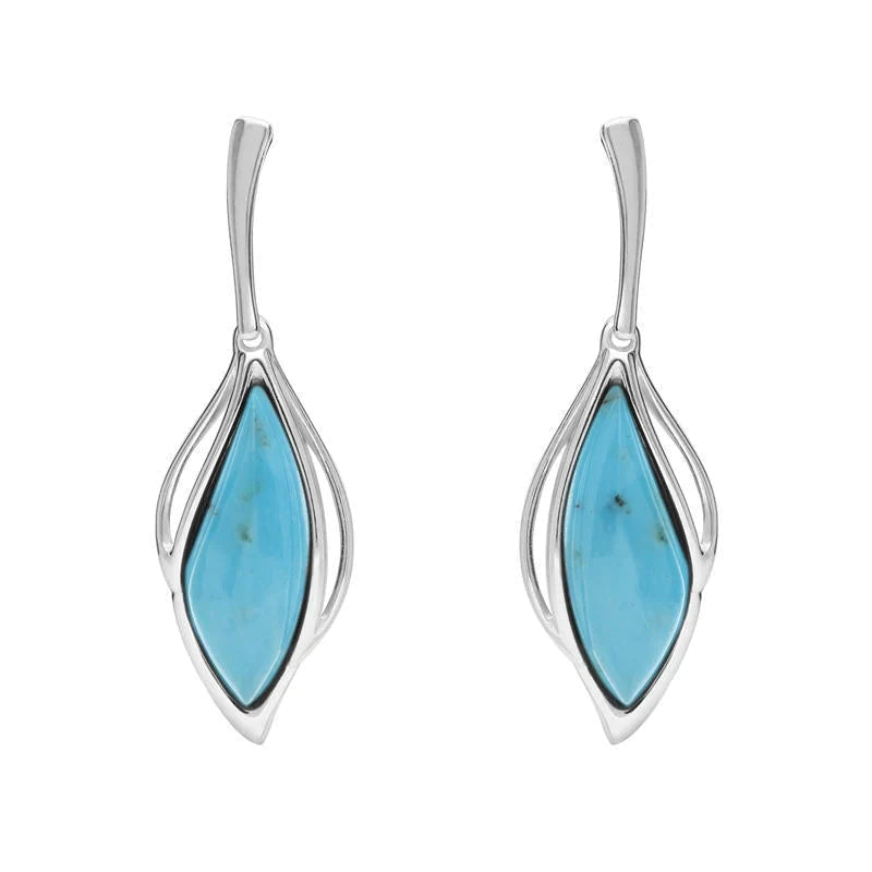 Sterling Silver Turquoise Open Marquise Drop Earrings - Silver