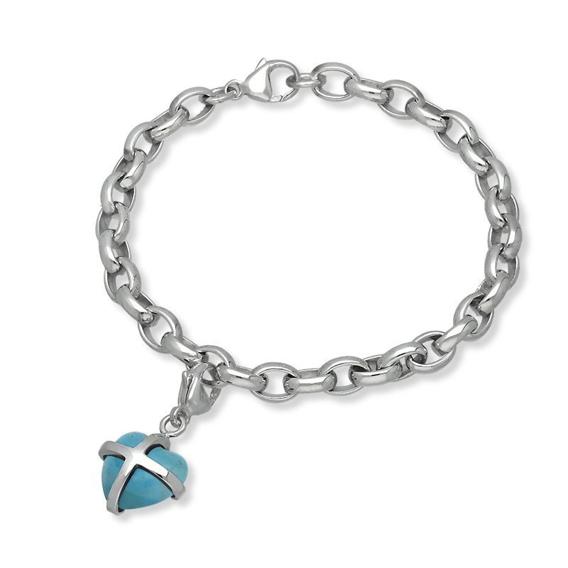 Sterling Silver Turquoise Small Cross Heart Charm Bracelet - Option1 Value Silver