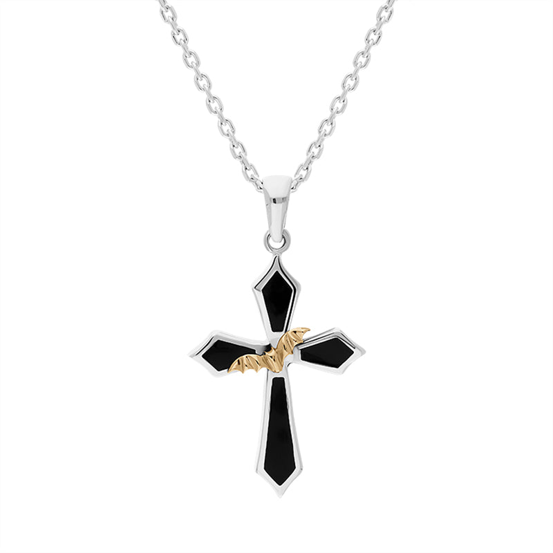 Sterling Silver Whitby Jet 9ct Yellow Gold Bat Cross Necklace - Silver