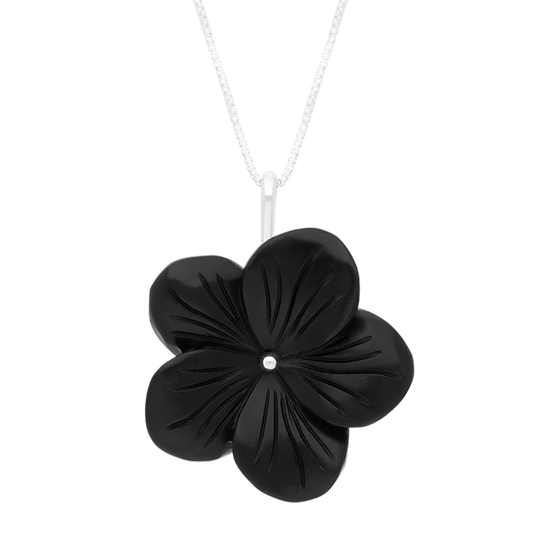 Sterling Silver Whitby Jet Flower Necklace D - Silver