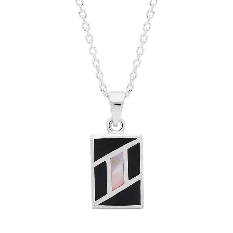 Sterling Silver Whitby Jet Mother of Pearl Oblong Necklace D - Silver