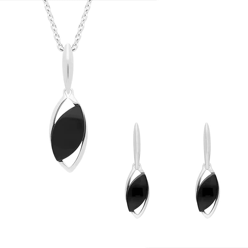 Sterling Silver Whitby Jet Offset Marquise Two Piece Set - Silver