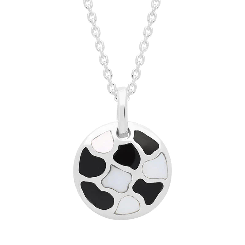 Sterling Silver Whitby Jet Mother of Pearl Small Round Pendant Necklace D - Silver