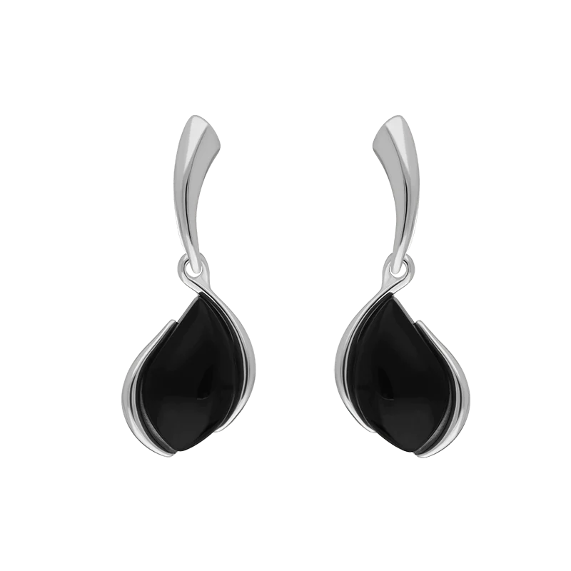Sterling Silver Whitby Jet Abstract Pear Drop Earrings - Silver