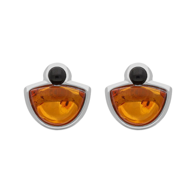 Sterling Silver Whitby Jet Amber Half Moon Round Stud Earrings - Silver