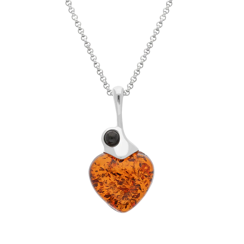 Sterling Silver Whitby Jet Amber Heart Necklace - Silver