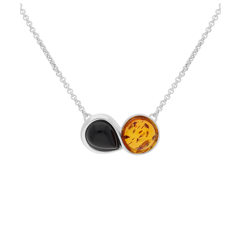 Sterling Silver Whitby Jet Amber Pear Shaped Necklace - Silver