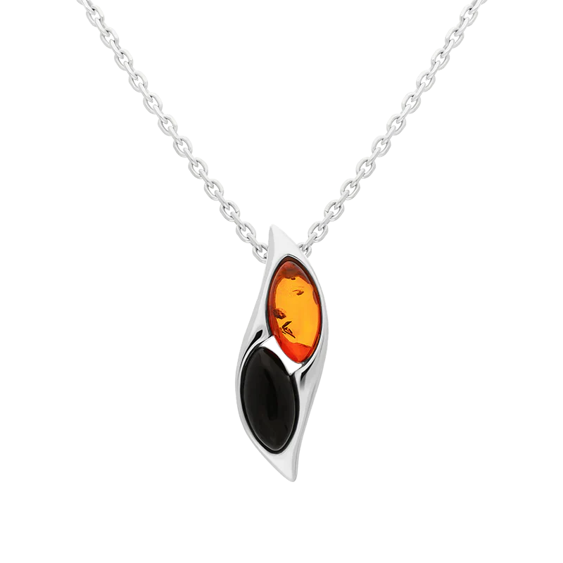 Sterling Silver Whitby Jet Amber Two Stone Wave Necklace - Silver