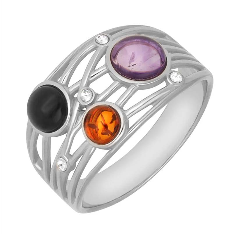 Sterling Silver Whitby Jet Amethyst Amber Bubble Ring - Silver