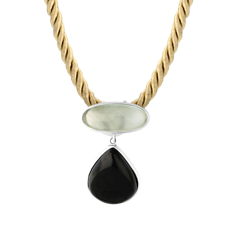 Sterling Silver Whitby Jet Aquamarine Oval Pear Drop Two Stone Drop Necklace - Silver