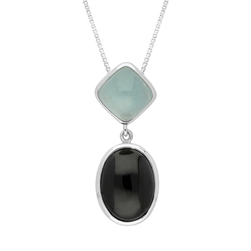 Sterling Silver Whitby Jet Aquamarine Oval Cushion Two Stone Drop Necklace - Silver