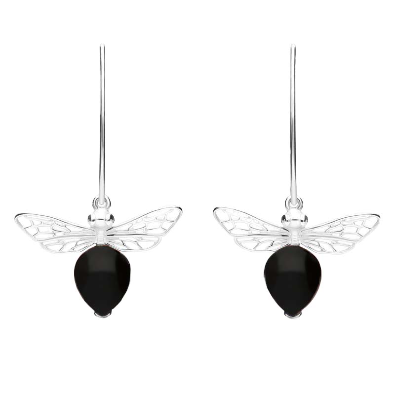 Sterling Silver Whitby Jet Bee Small Hook Earrings - Silver