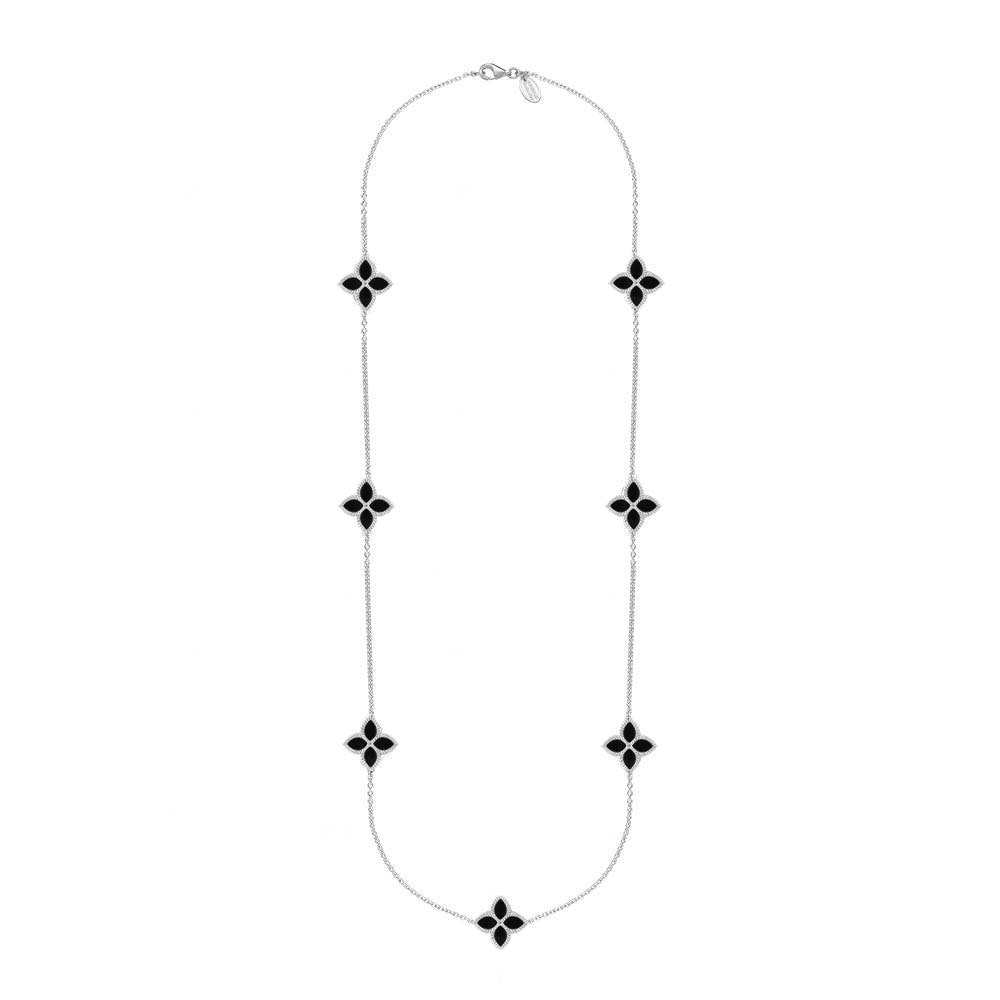 Sterling Silver Whitby Jet Bloom Long Marquise Flower Necklace - Silver