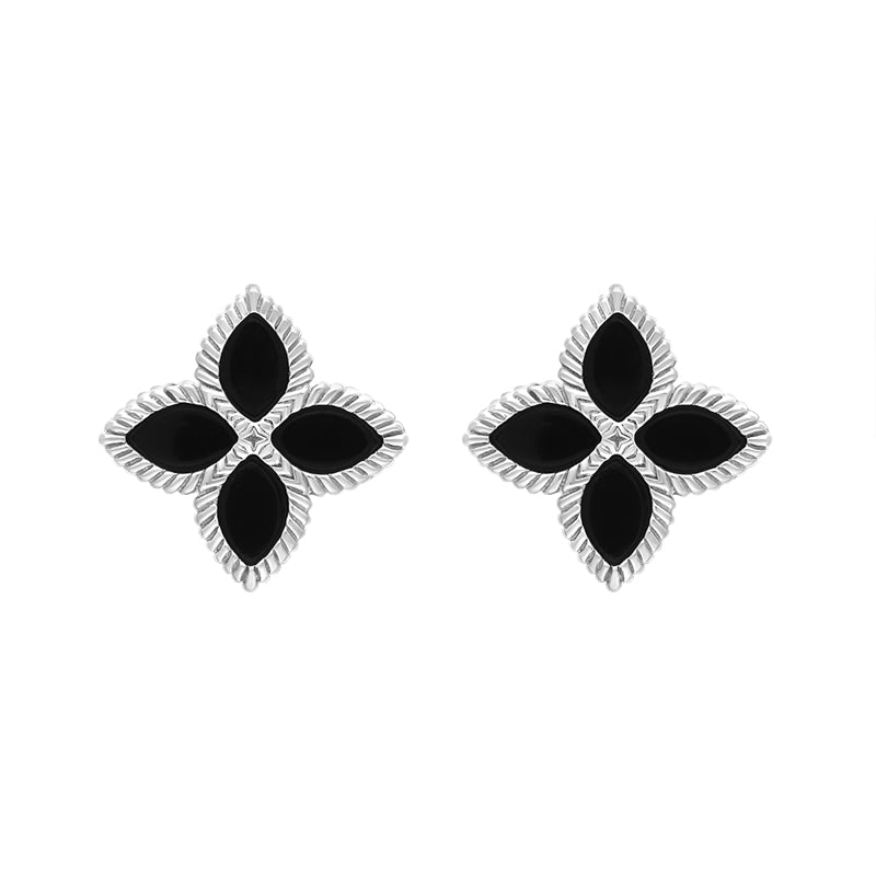 Sterling Silver Whitby Jet Bloom Marquise Flower Stud Earrings - Silver