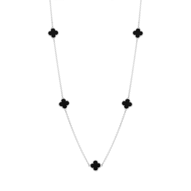 Sterling Silver Whitby Jet Bloom Four Leaf Clover Ball Edge Necklace - Gold