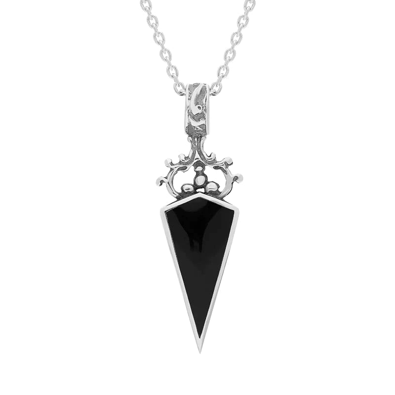 Sterling Silver Whitby Jet Blue John Double Sided Scroll Top Dagger Fob Necklace - Sterling Silver