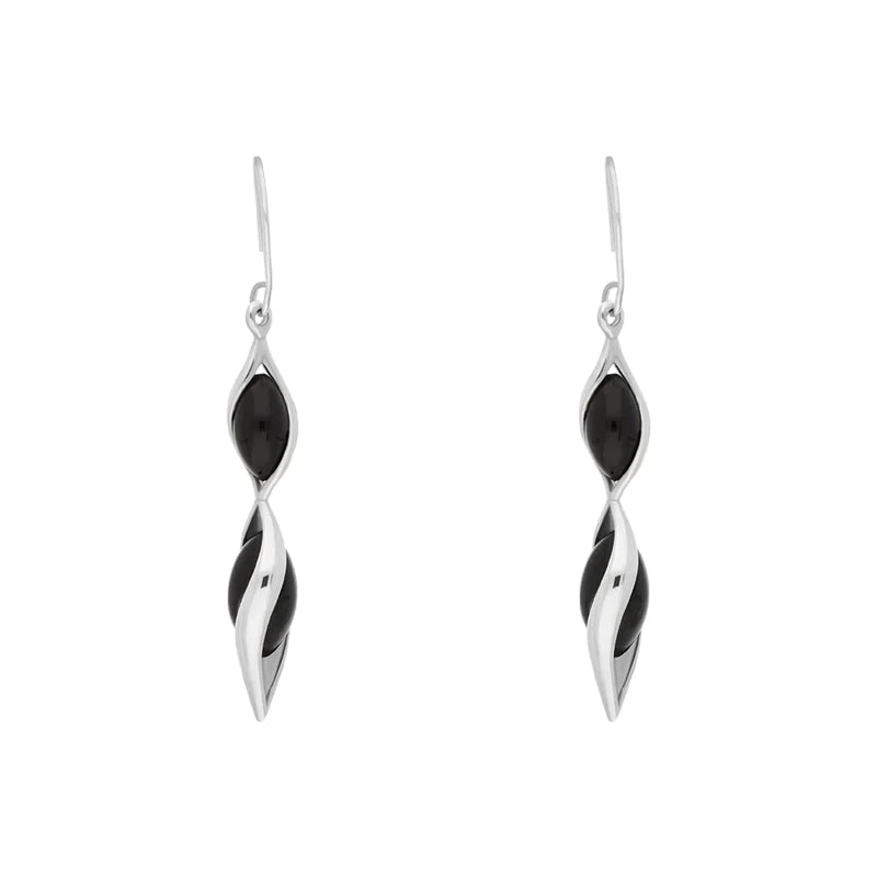Sterling Silver Whitby Jet Double Graduated Twist Drop Earrings - Silver