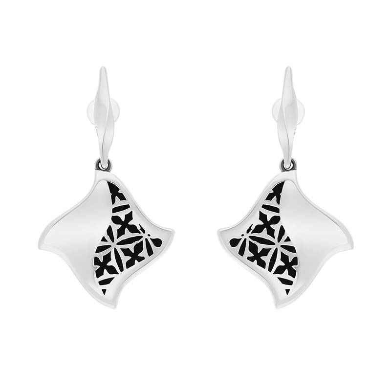 Sterling Silver Whitby Jet Filigree Gothic Square Drop Earrings - Silver